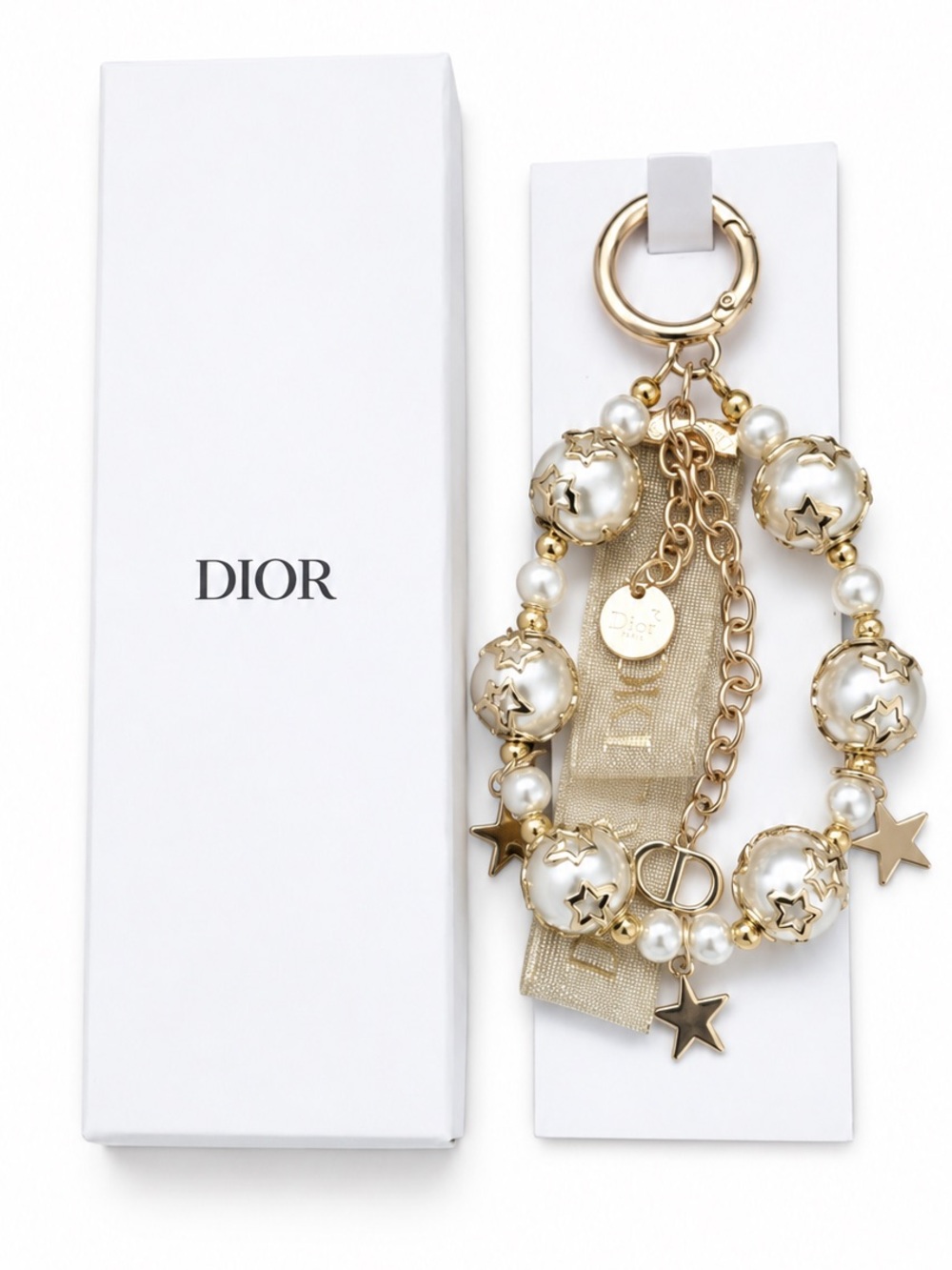 Dior Beauty Gold-tone Key Holder with Pearl and Star Charms • NEW IN BOX